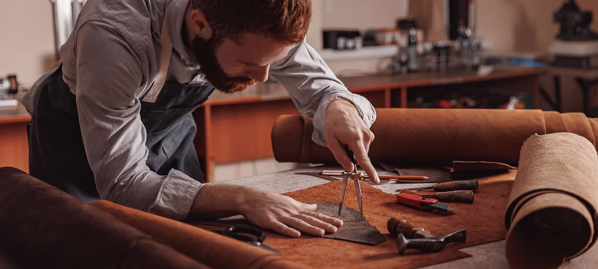 Leather crafting in workshop